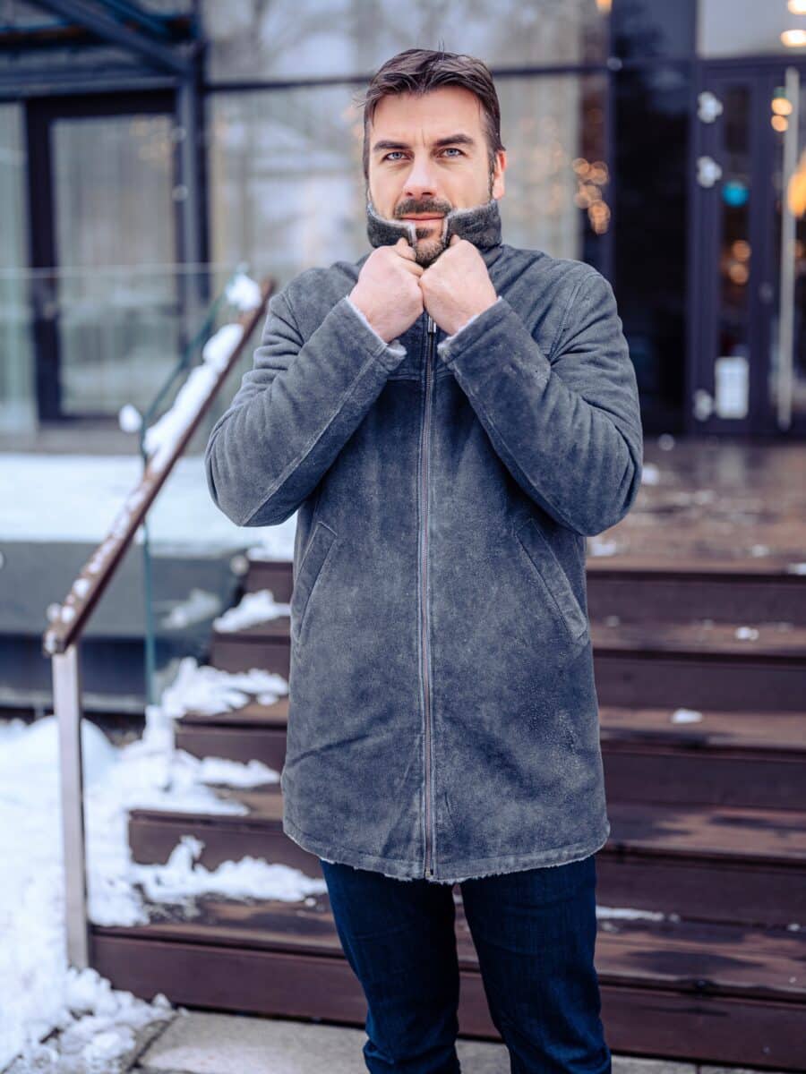Helsinky Grey Crackle- Pánská kožená bunda s kožichem - Obrázek 8