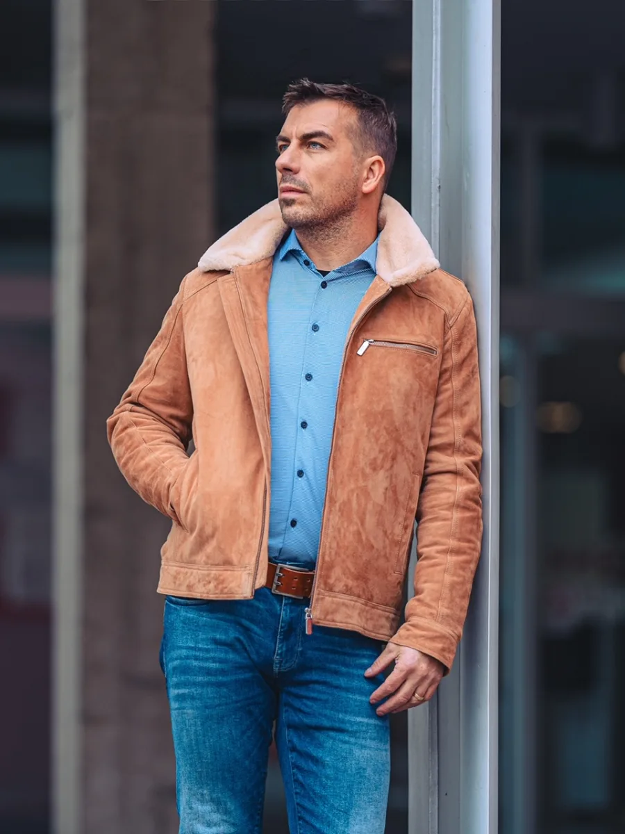 Delon Camel Fur – Pánská zimní kožená bunda s límcem kožich - Obrázek 4