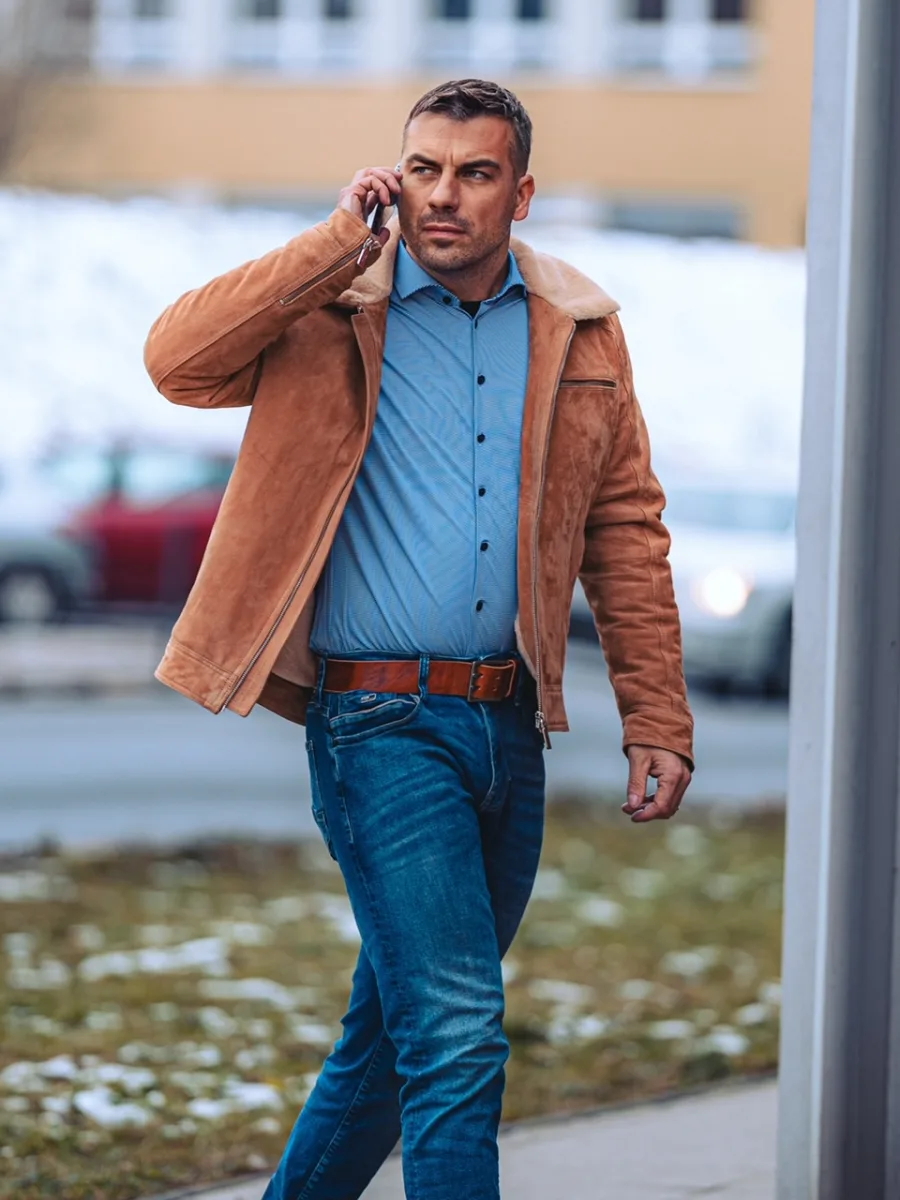 Delon Camel Fur – Pánská zimní kožená bunda s límcem kožich - Obrázek 6