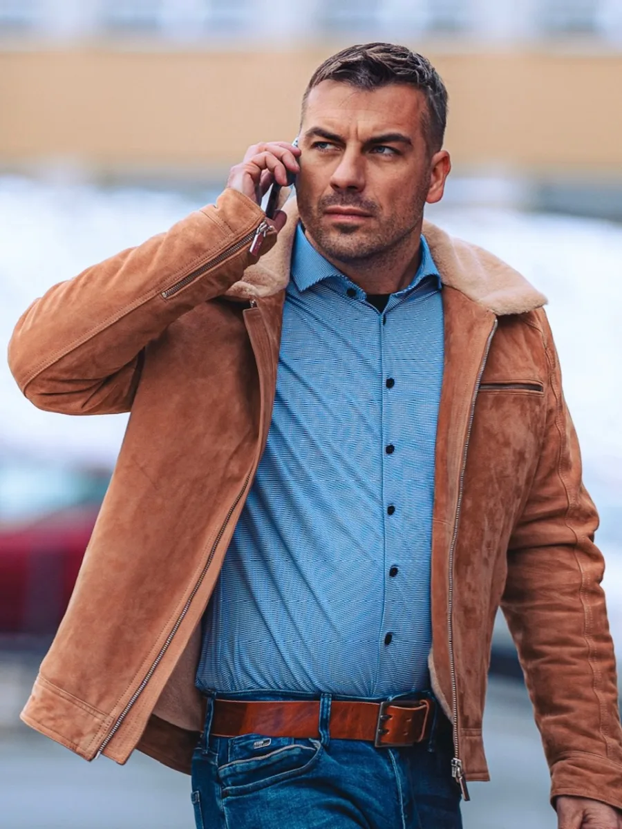 Delon Camel Fur – Pánská zimní kožená bunda s límcem kožich - Obrázek 7