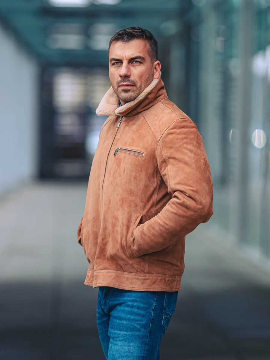 Delon Camel Fur – Pánská zimní kožená bunda s límcem kožich - Obrázek 8