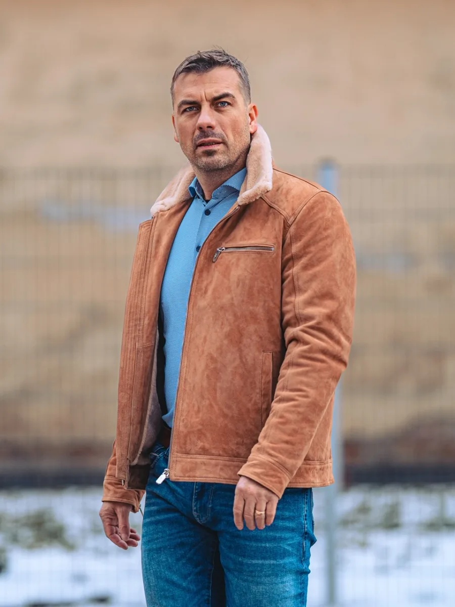 Delon Camel Fur – Pánská zimní kožená bunda s límcem kožich - Obrázek 10