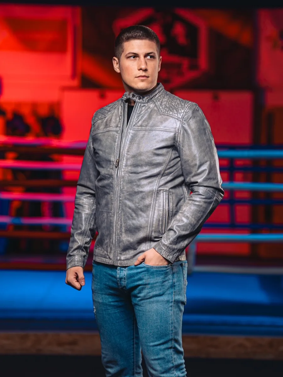 Aaron GREY 2.0 - Pánská kožená bunda šedá - Obrázek 10