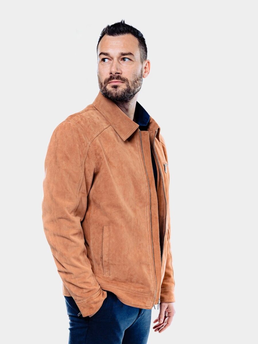 Delon 77 Camel Suede – Kožená bunda s límcem semiš béžová - Obrázek 3