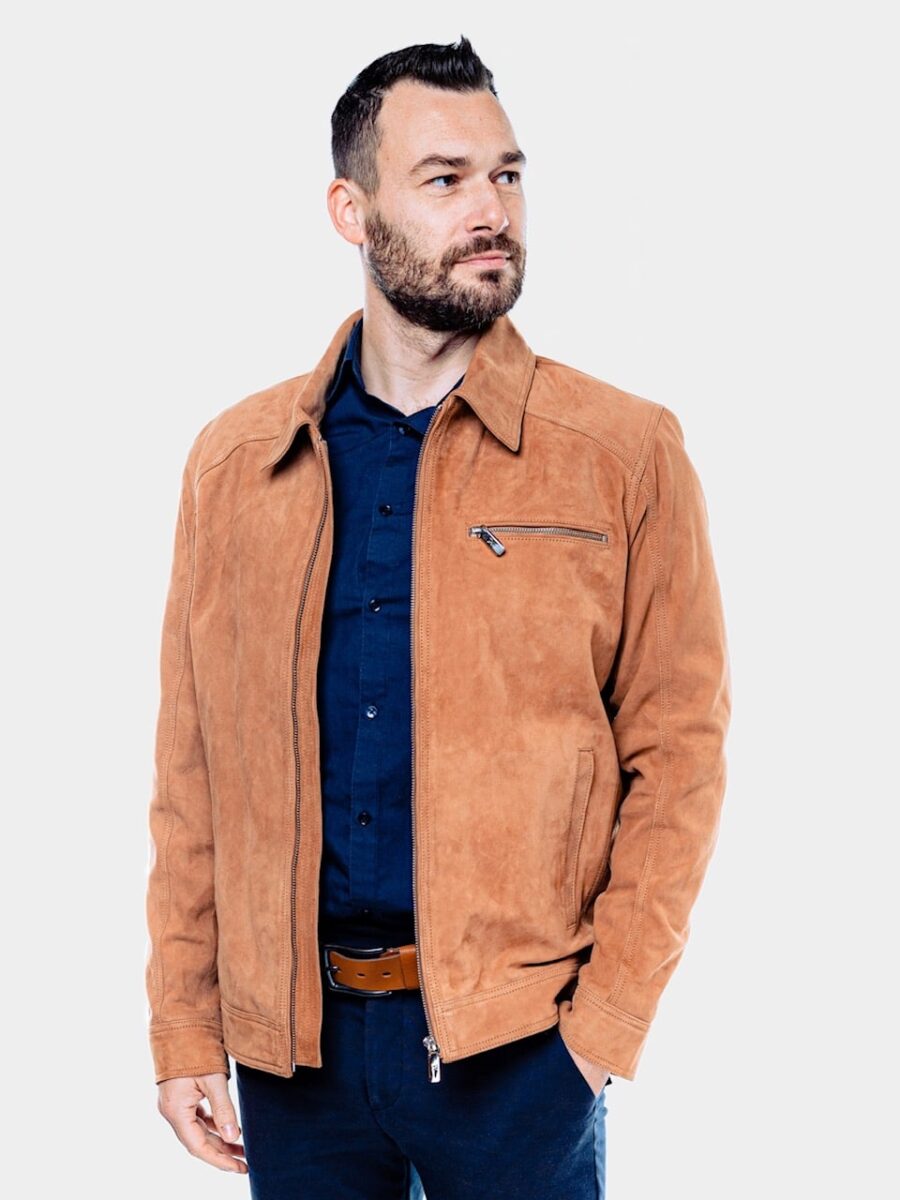 Delon 77 Camel Suede – Kožená bunda s límcem semiš béžová - Obrázek 7