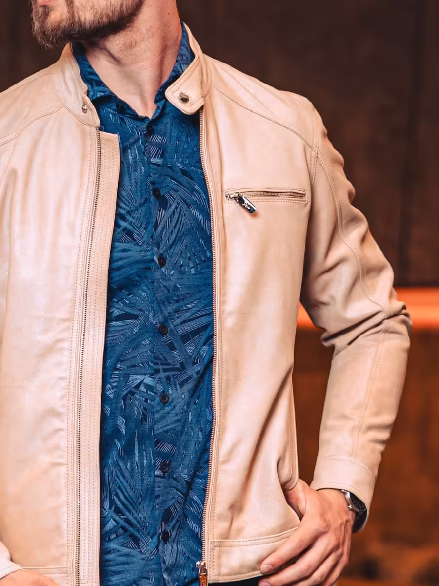 Logan Beige - Pánská kožená bunda krémová crackle - Obrázek 2
