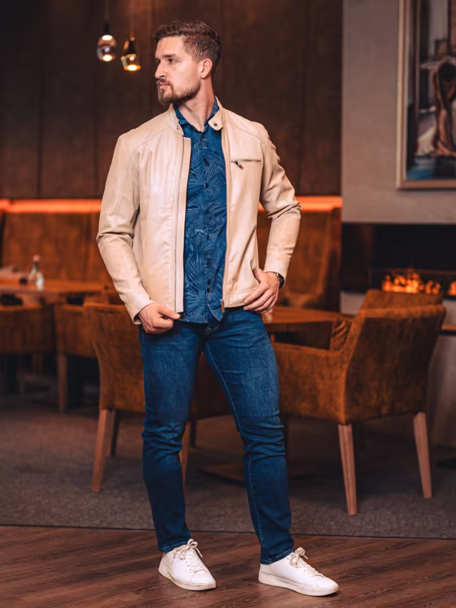 Logan Beige - Pánská kožená bunda krémová crackle - Obrázek 3