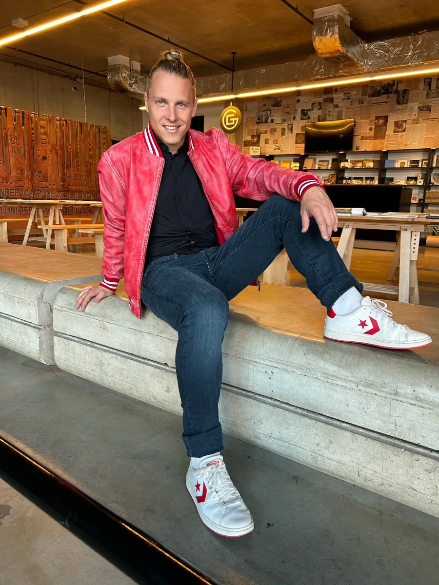 Rocky Bomber 2.0 – Pánský kožený bomber červený denim - Obrázek 3