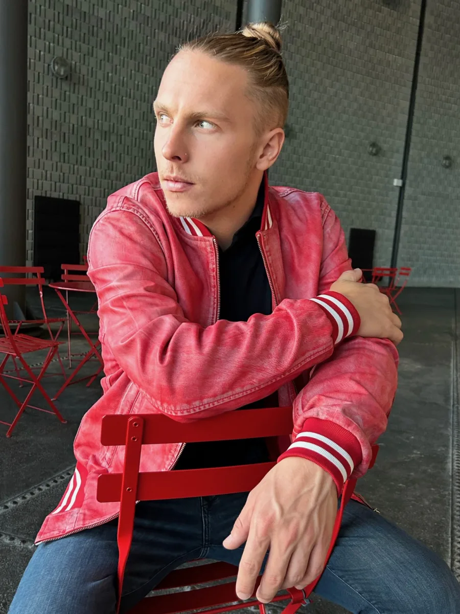 Rocky Bomber 2.0 – Pánský kožený bomber červený denim - Obrázek 5