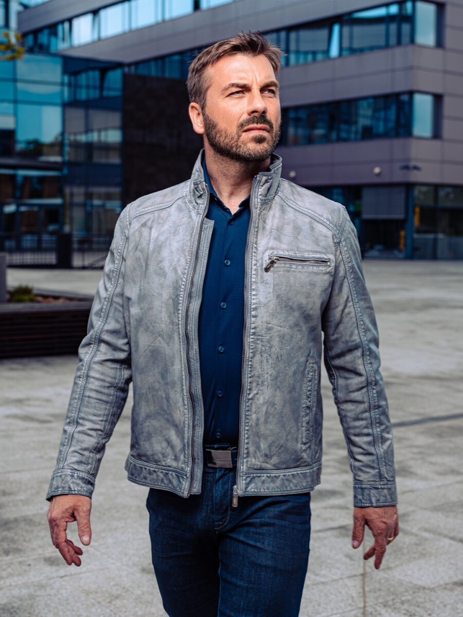 Liverpool grey denim 2.0 – Pánská kožená bunda šedá denim - Obrázek 3