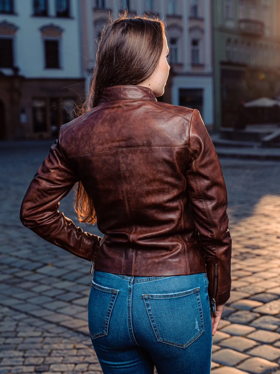Becca Old Brown – Dámská kožená bunda hnědá - Obrázek 4