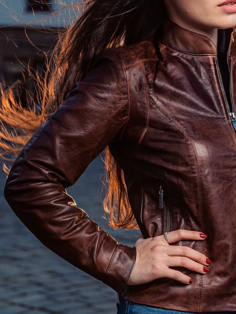 Becca Old Brown – Dámská kožená bunda hnědá - Obrázek 9