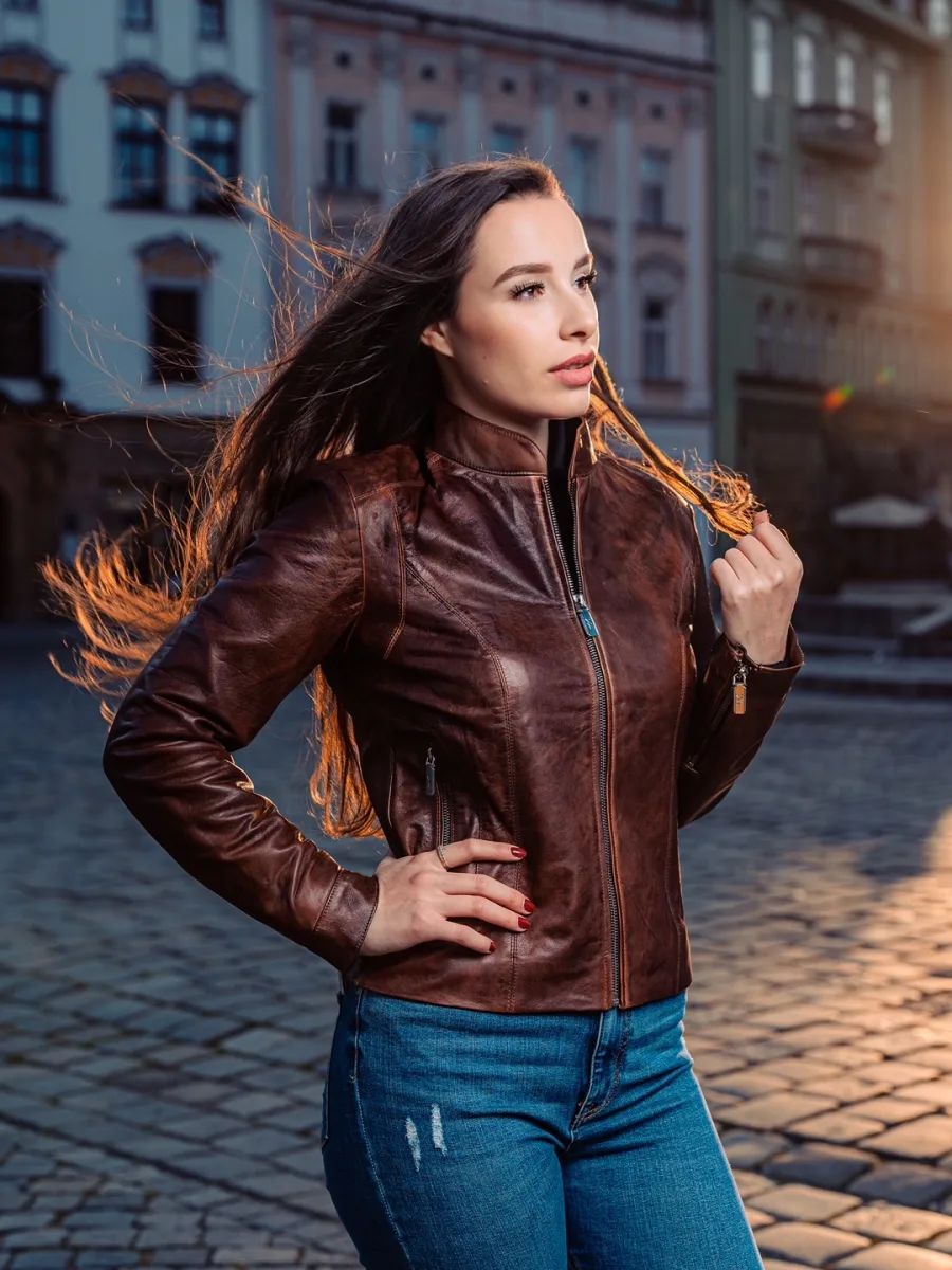 Becca Old Brown – Dámská kožená bunda hnědá - Obrázek 3