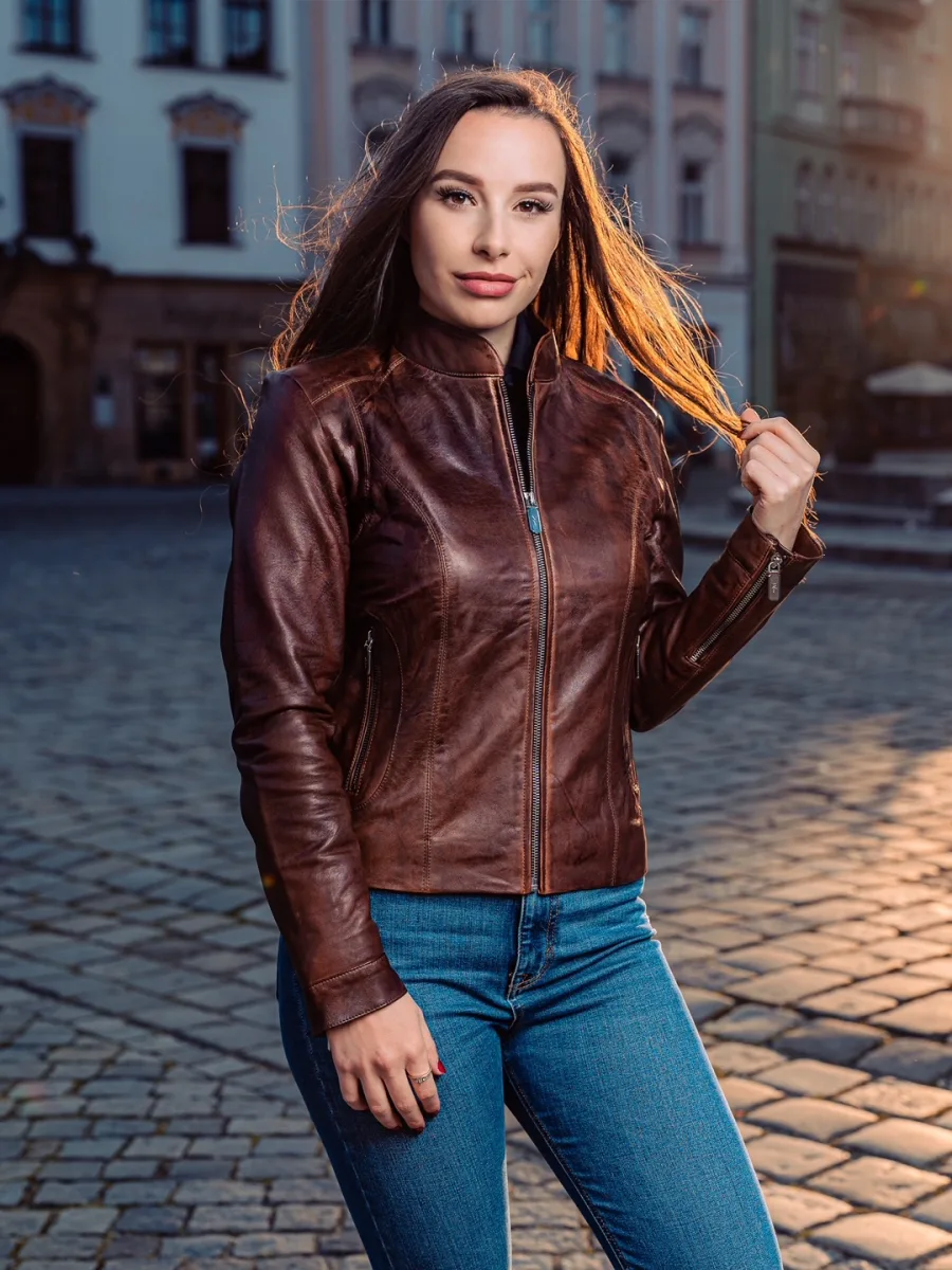 Becca Old Brown – Dámská kožená bunda hnědá - Obrázek 7