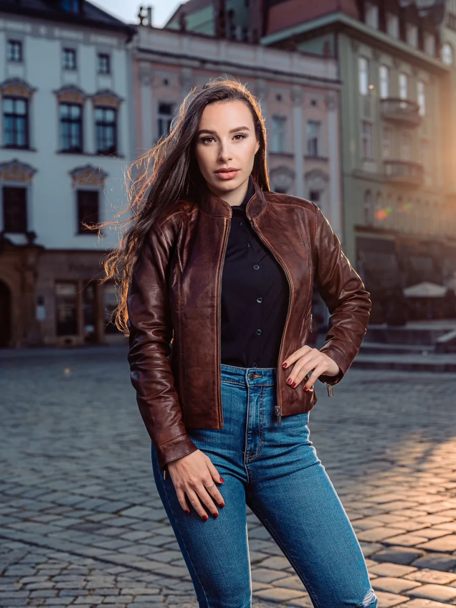 Becca Old Brown – Dámská kožená bunda hnědá - Obrázek 8