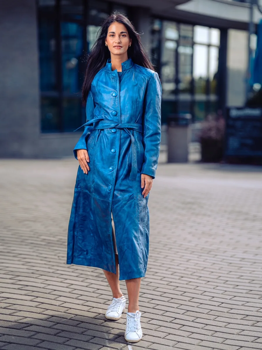 Diana Blue - Dámský dlouhý kožený kabát modrý - Obrázek 6