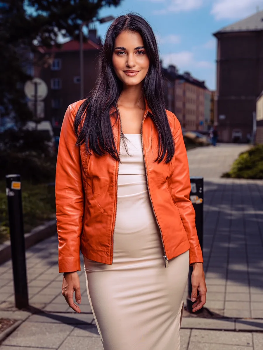 Ester Orange – Dámská kožená bunda oranžová - Obrázek 4