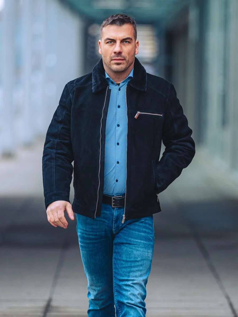 Delon Black Fur – Pánská zimní kožená bunda s límcem kožich - Obrázek 11