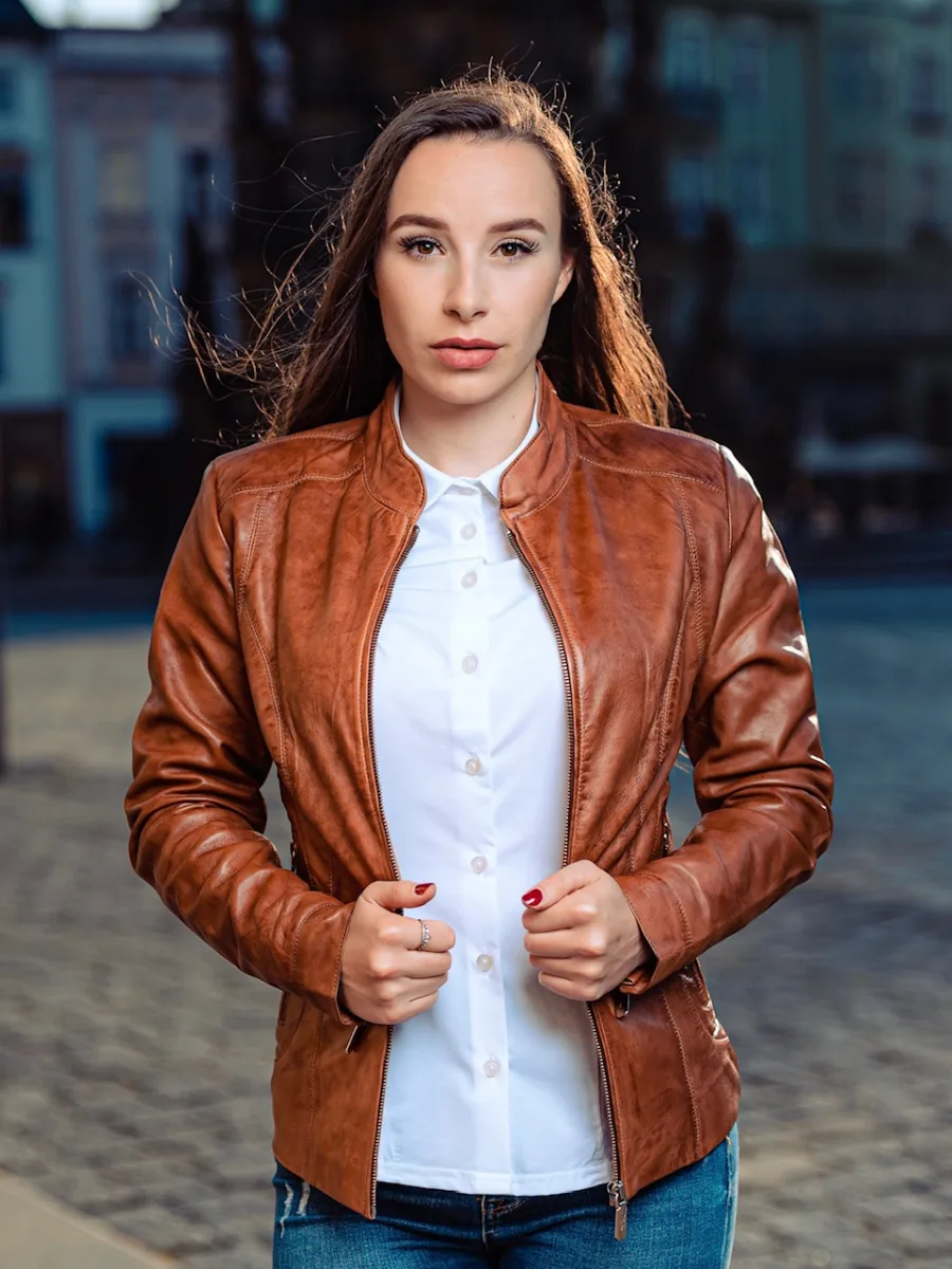 Becca Brownish – Dámská kožená bunda zlatá hnědá - Obrázek 7