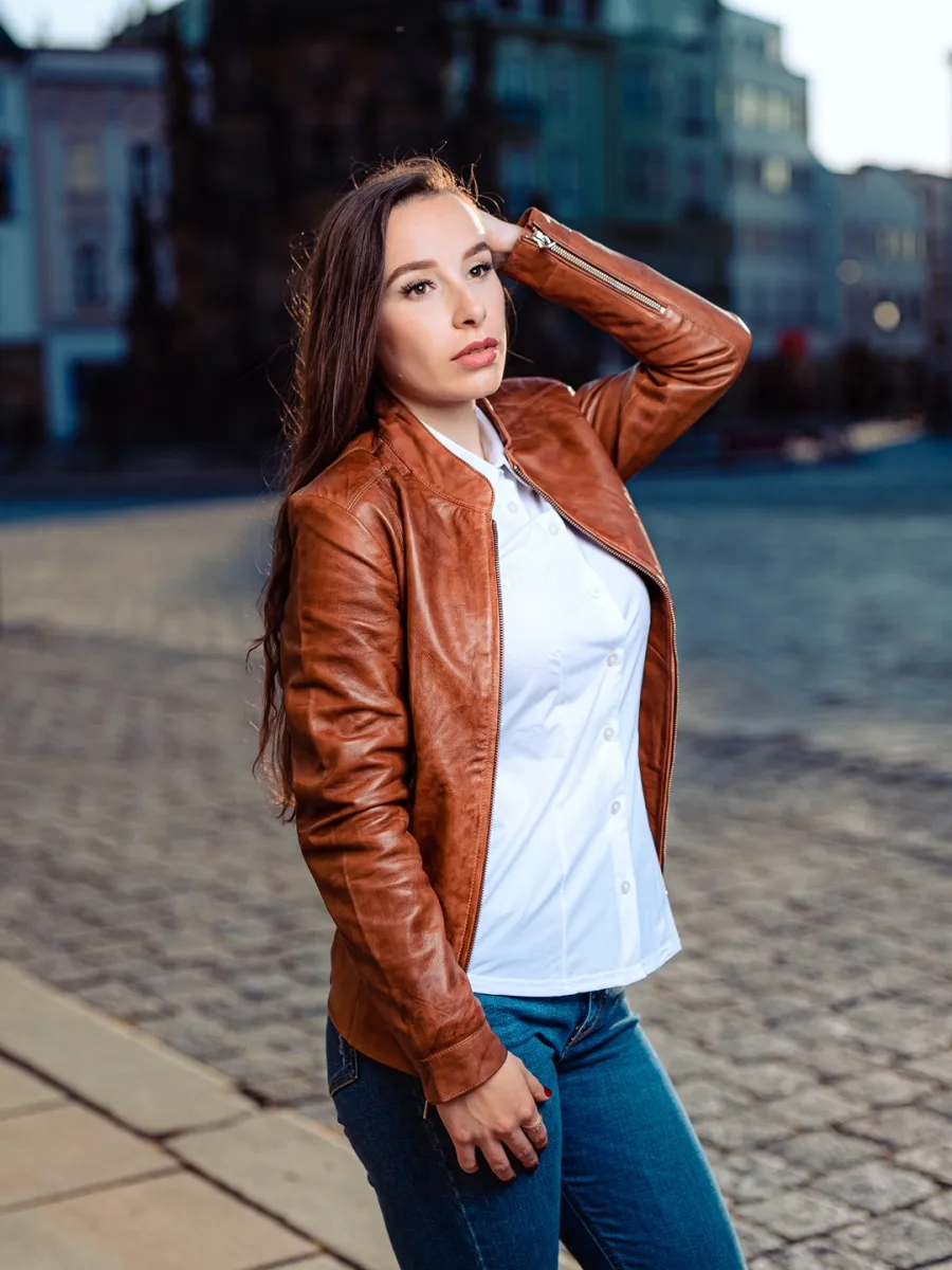Becca Brownish – Dámská kožená bunda zlatá hnědá - Obrázek 5