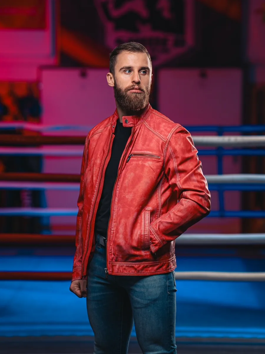 James 007 Red Denim - Kožená bunda červená denim - Obrázek 3