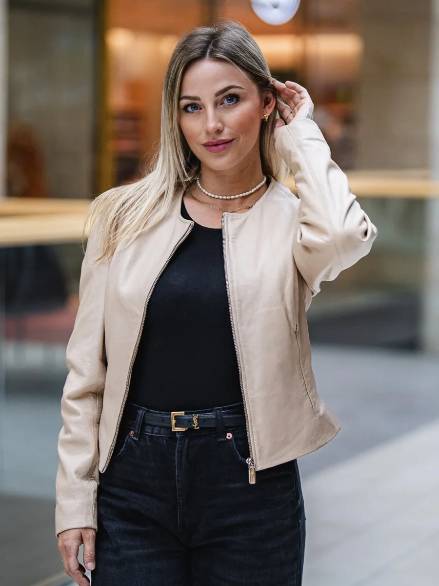 Chanel Beige – Dámská Kožená Bunda Béžová - Obrázek 3