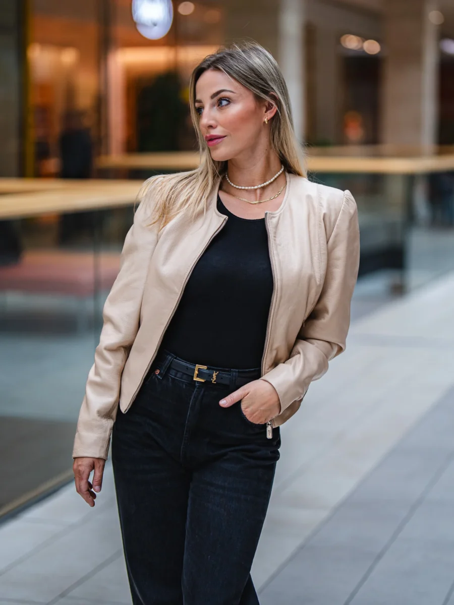 Chanel Beige – Dámská Kožená Bunda Béžová - Obrázek 4