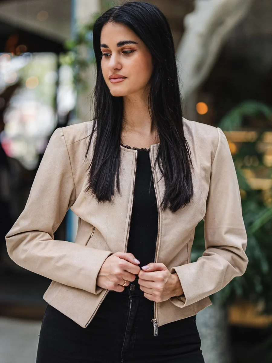 Chanel Beige – Dámská Kožená Bunda Béžová - Obrázek 7