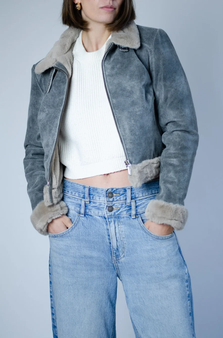 Elza Fur Coat Short – Dámská zimní kožená bunda šedá krátká - Obrázek 10