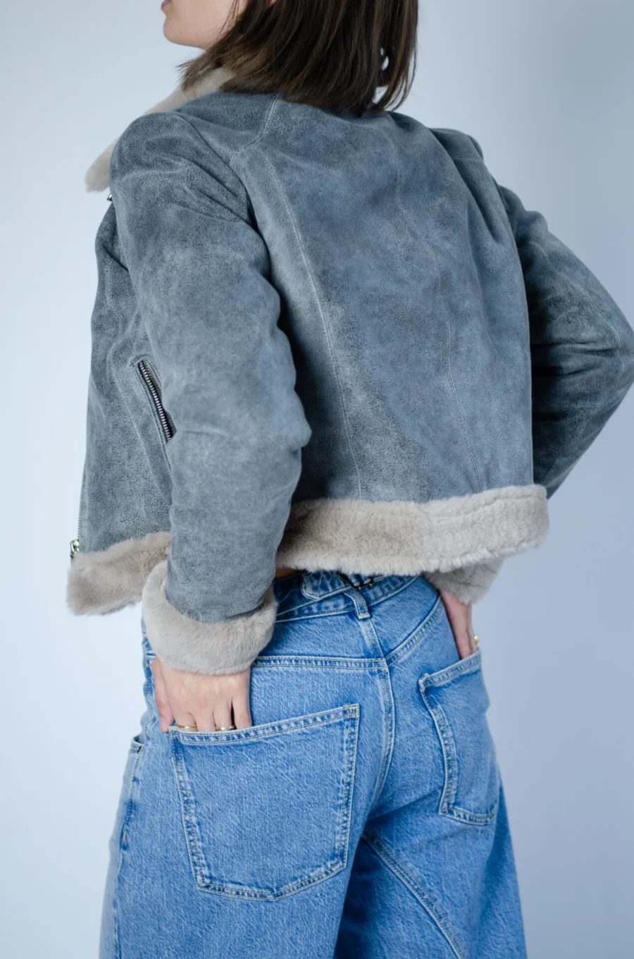 Elza Fur Coat Short – Dámská zimní kožená bunda šedá krátká - Obrázek 12