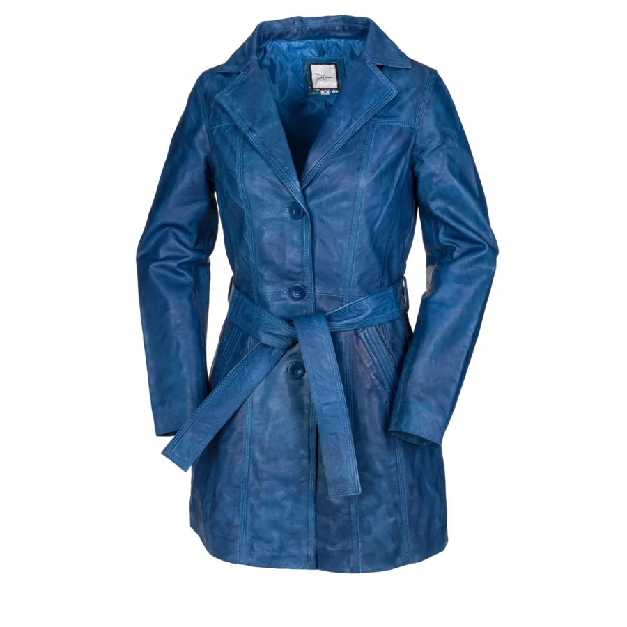 Sabine Blue Antique - dámský modrý kožený kabátek s knoflíky a páskem - Obrázek 6