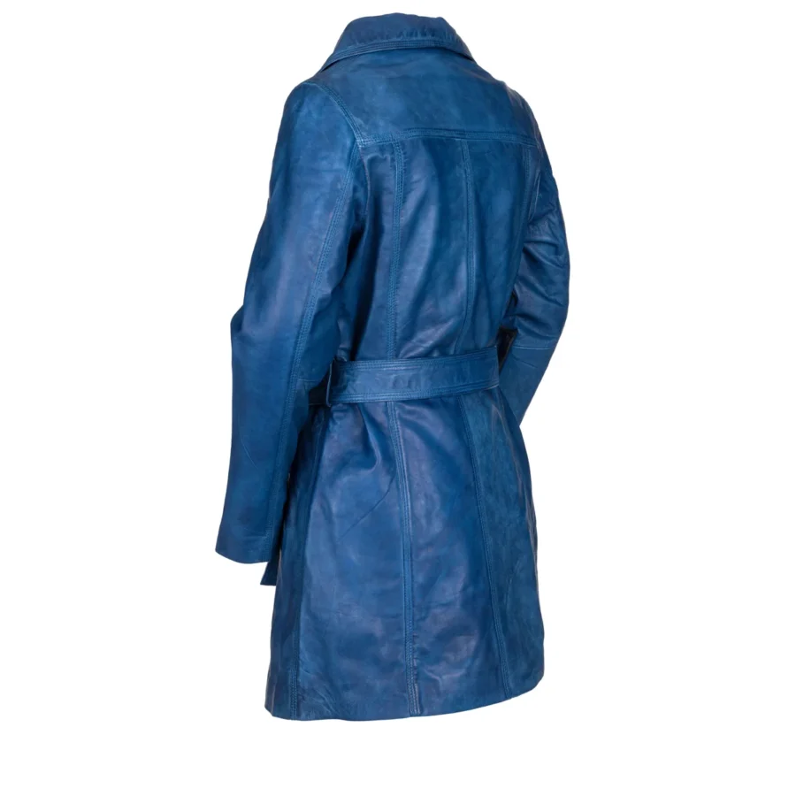 Sabine Blue Antique - dámský modrý kožený kabátek s knoflíky a páskem - Obrázek 7
