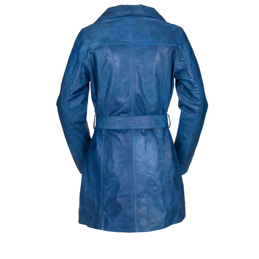 Sabine Blue Antique - dámský modrý kožený kabátek s knoflíky a páskem - Obrázek 4