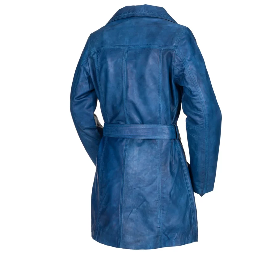 Sabine Blue Antique - dámský modrý kožený kabátek s knoflíky a páskem - Obrázek 3