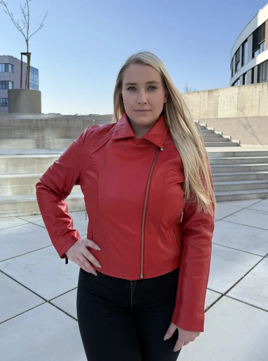 Adele Short Red – Dámský Kožený Křivák Červený - Obrázek 5
