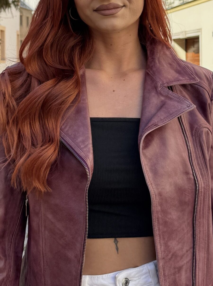Adele Short Purple – Dámský Kožený Křivák Fialový - Obrázek 2