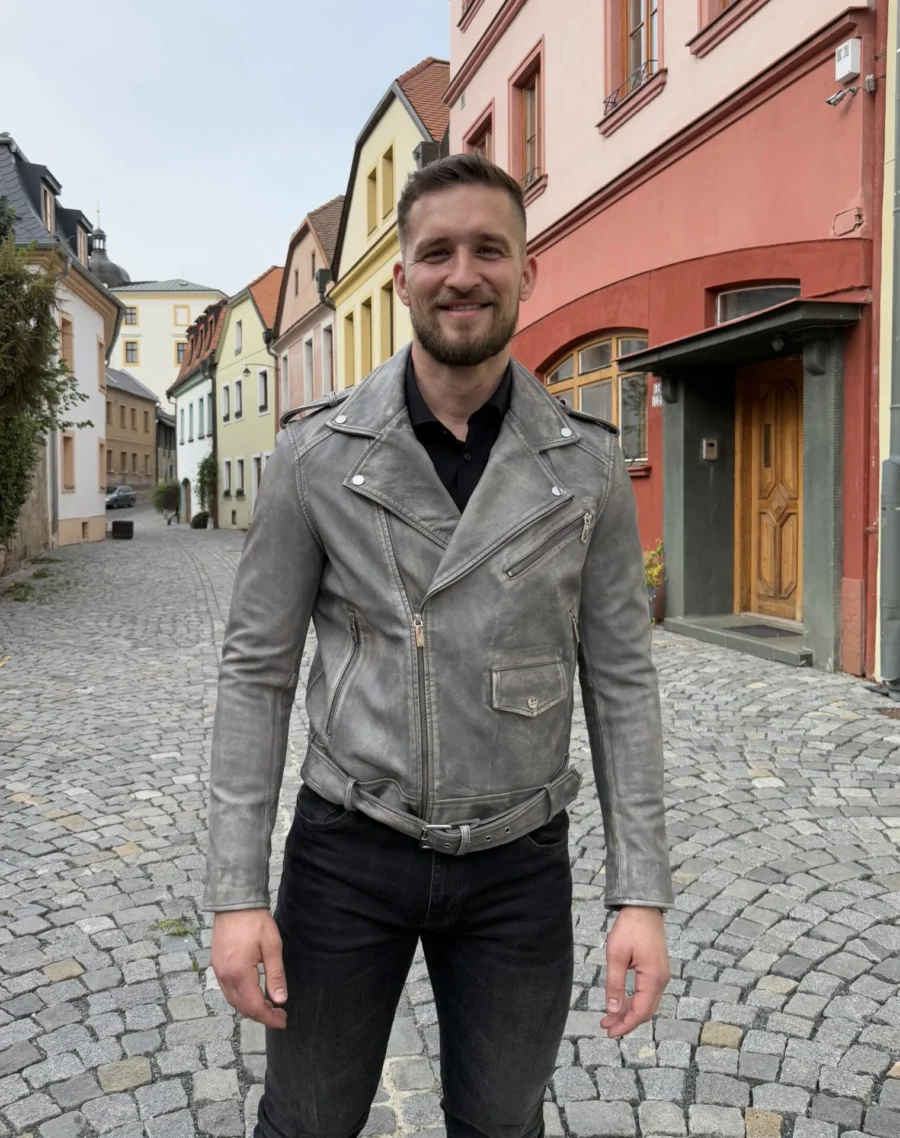 Karl Biker Grey Rubber- Pánský kožený křivák šedý vintage - Obrázek 3