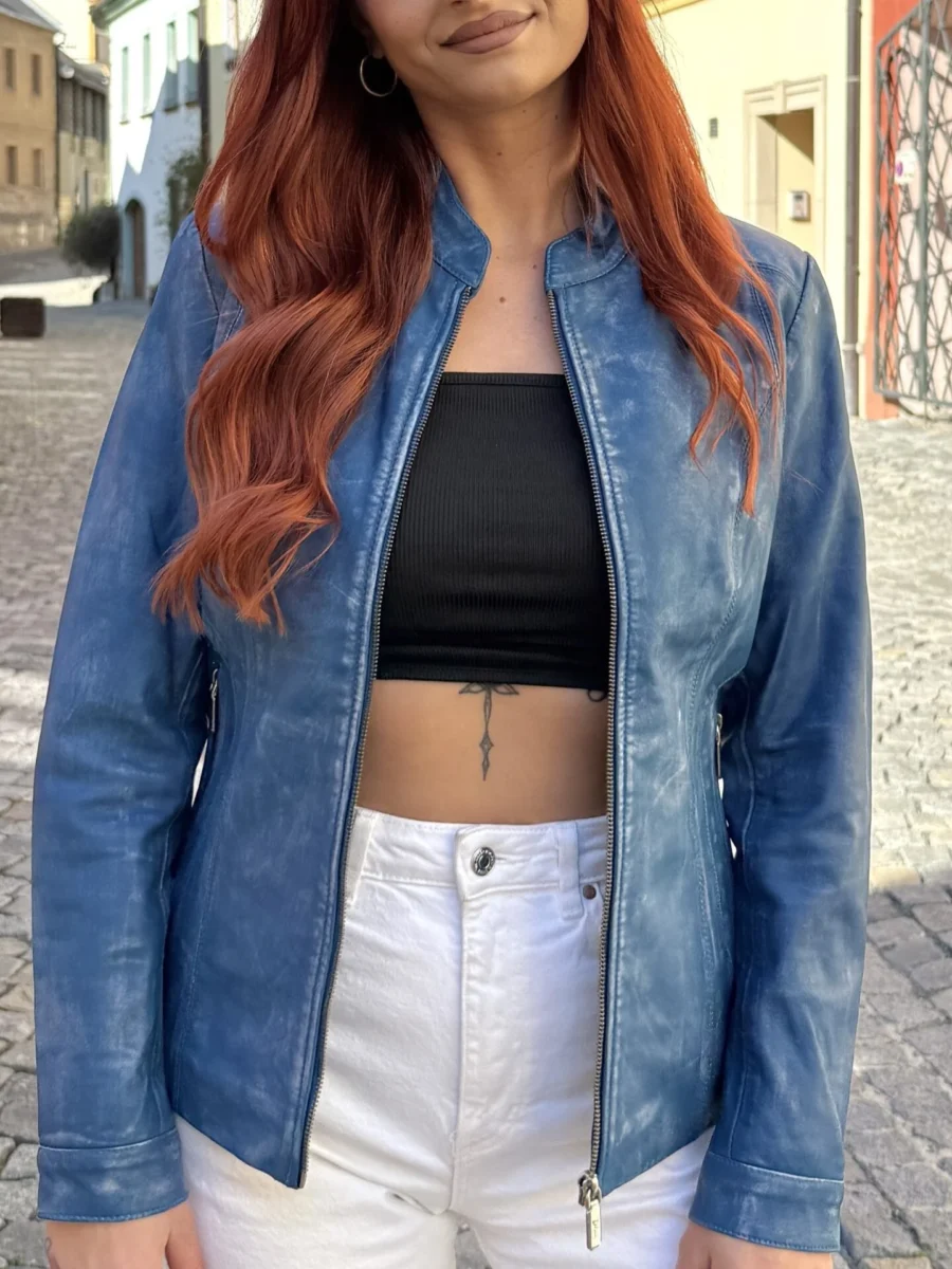 Becca Denim Blue – Dámská kožená bunda modrá denim - Obrázek 2