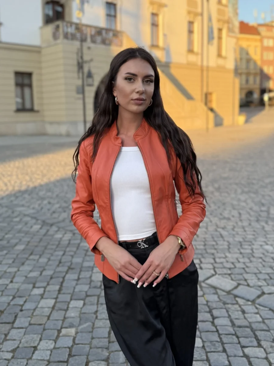 Becca Orange – Kožená Bunda Oranžová - Obrázek 3