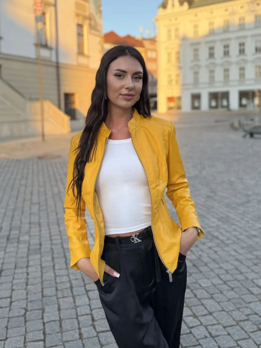 Becca Yellow – Dámská Kožená Bunda Žlutá - Obrázek 3