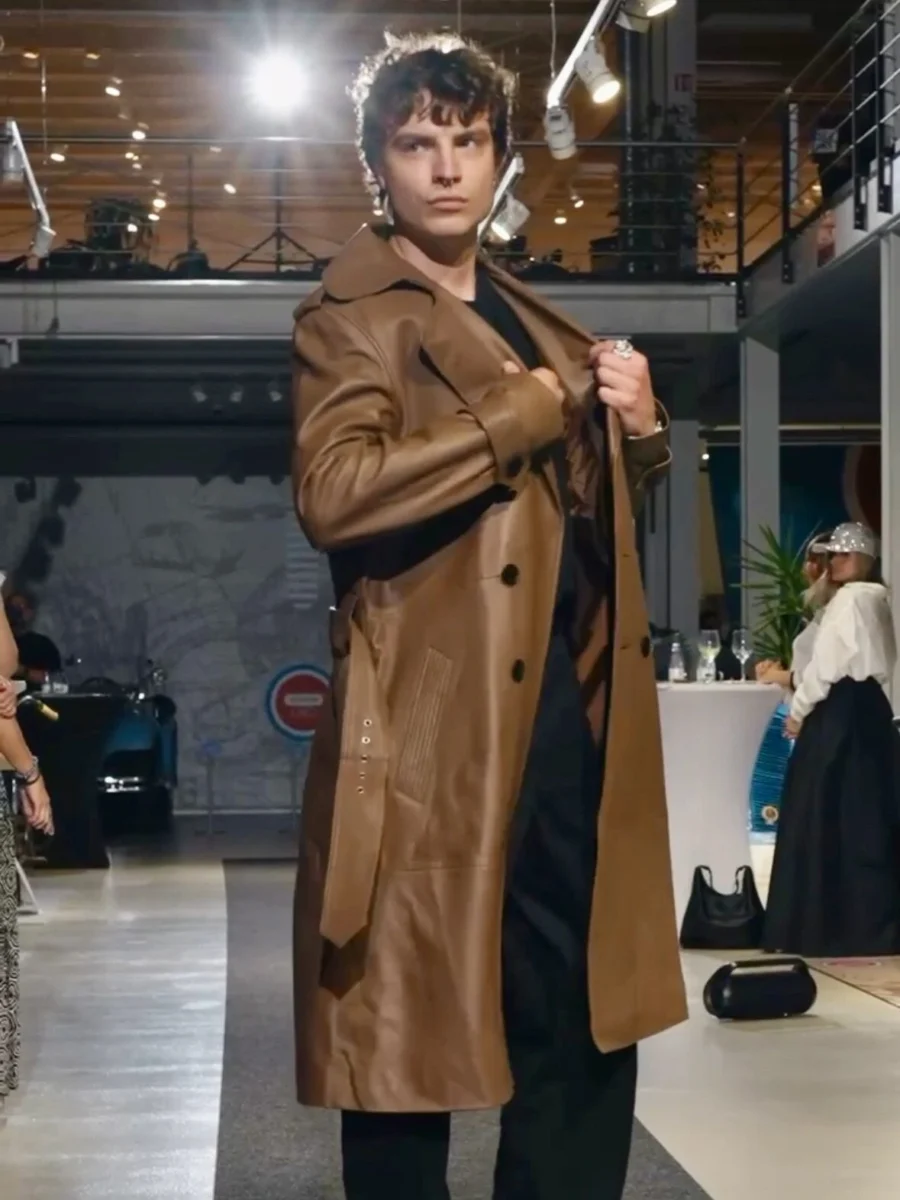 René Beige 2.0 - Dvouřadý kožený kabát beige - Obrázek 2