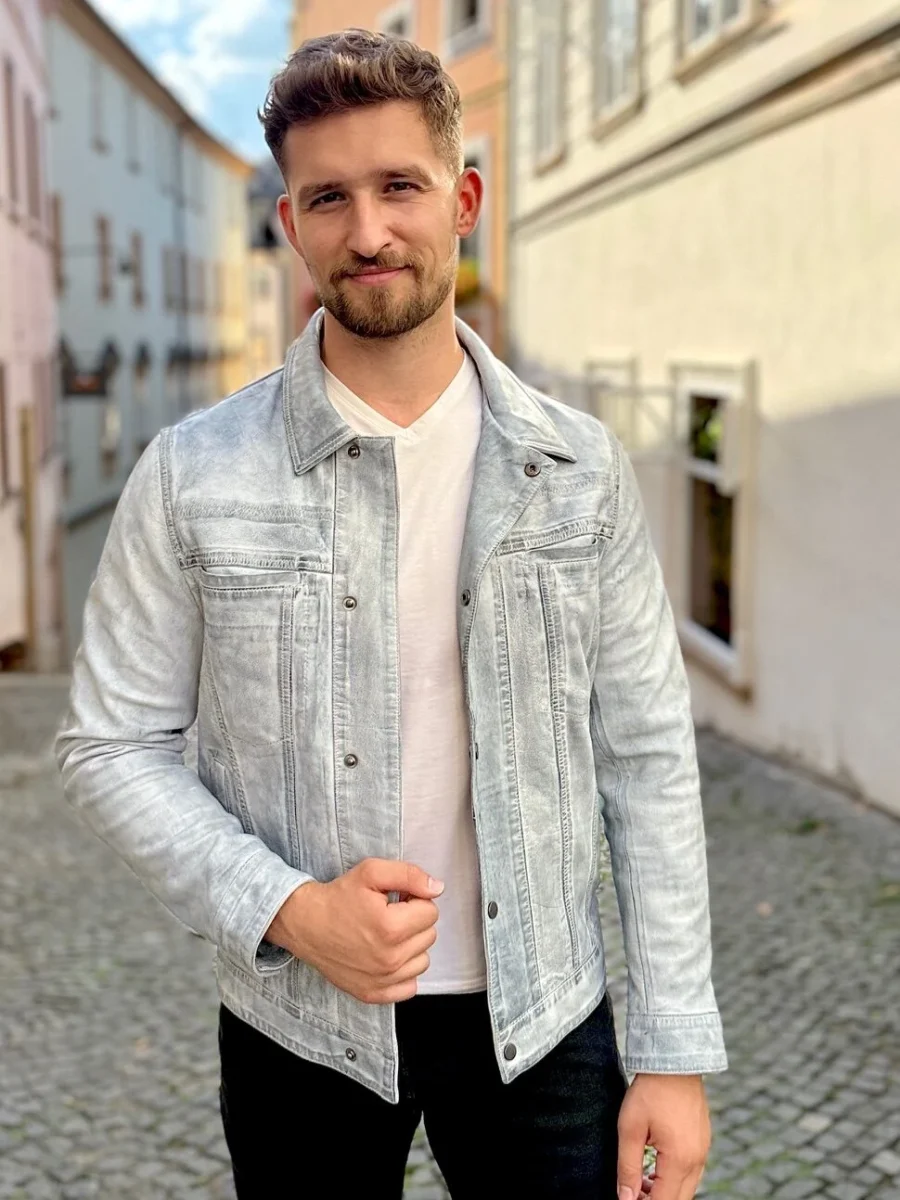 Gary 1999 White Denim – Pánská bílá denim kožená bunda - Obrázek 4