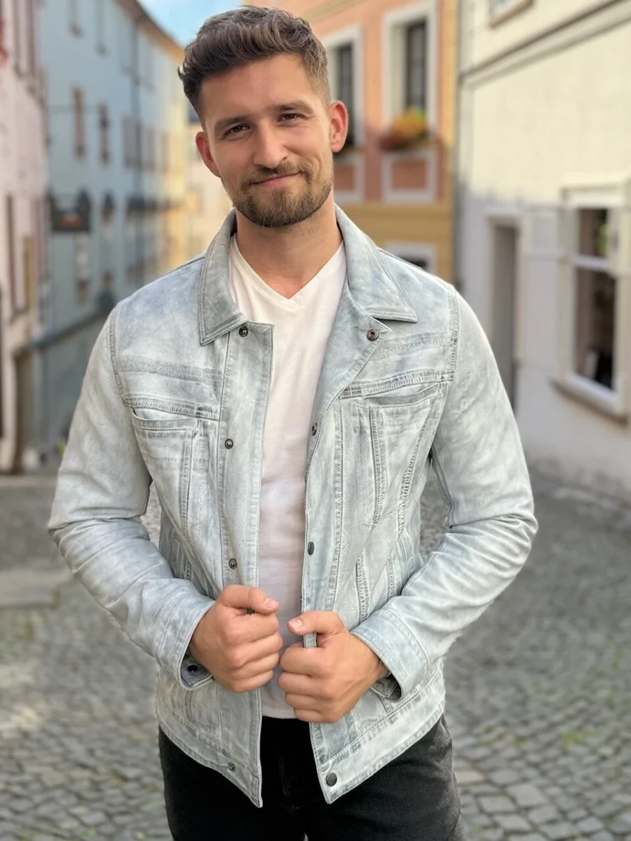 Gary 1999 White Denim – Pánská bílá denim kožená bunda - Obrázek 5