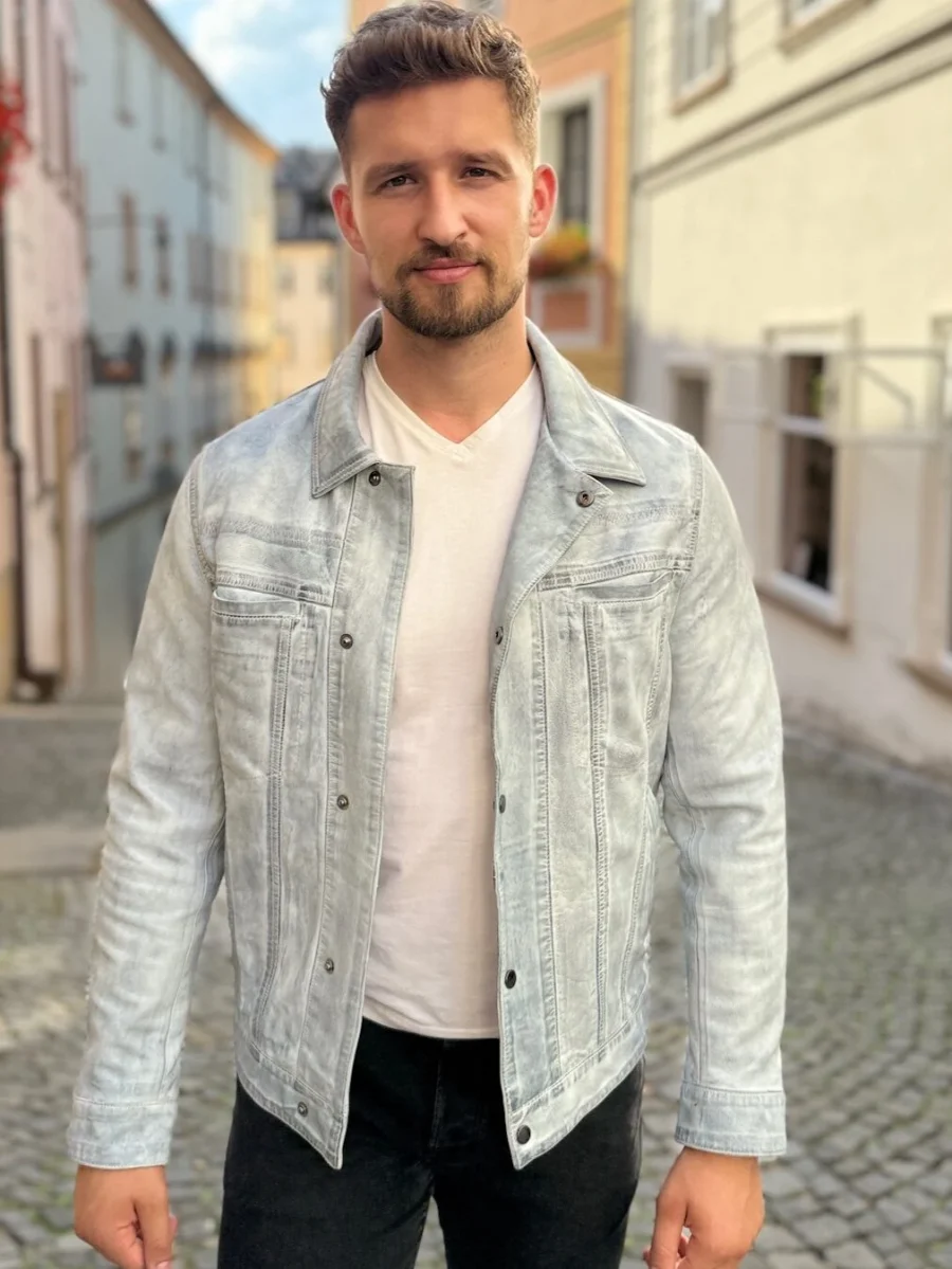 pánská bílá denim kožená bunda