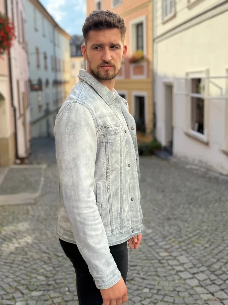 Gary 1999 White Denim – Pánská bílá denim kožená bunda - Obrázek 7