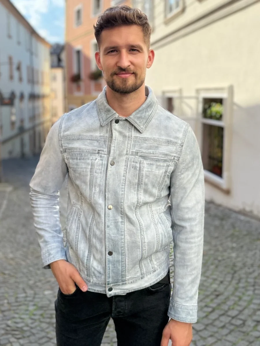 Gary 1999 White Denim – Pánská bílá denim kožená bunda - Obrázek 9