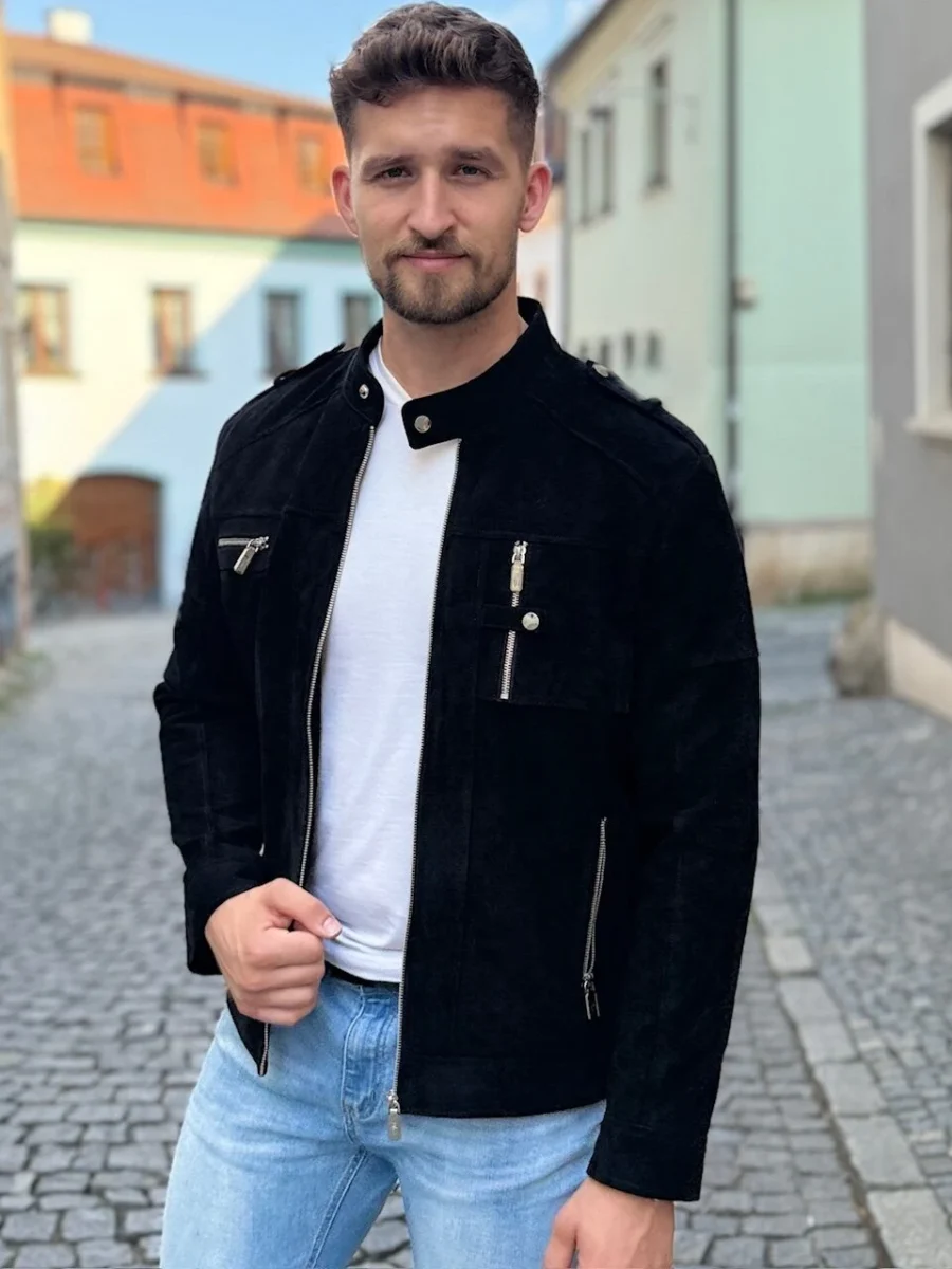 pánská kožená černá bunda semiš