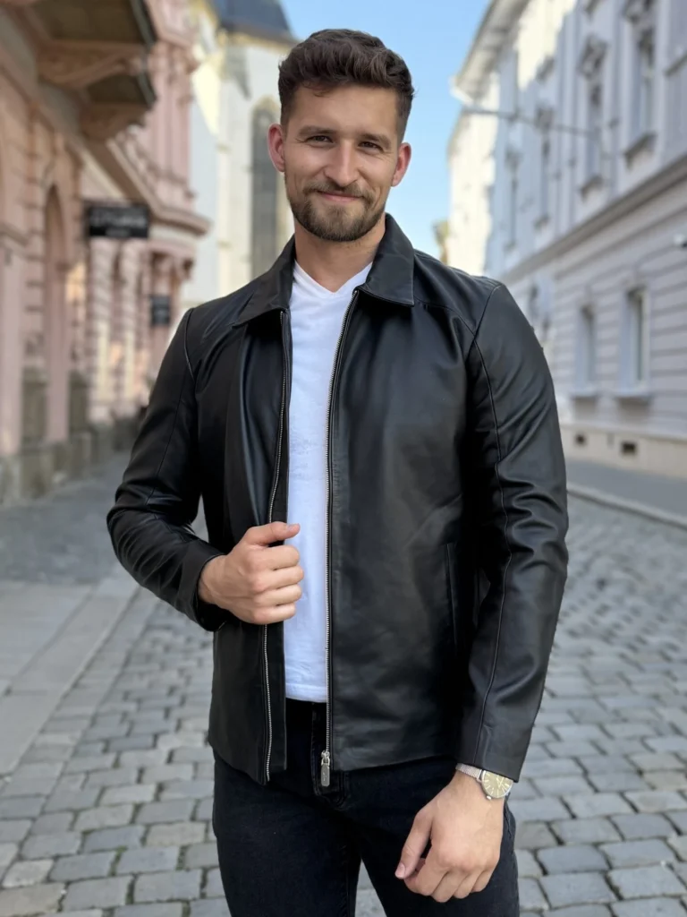 Delon 77 black – Kožená bunda s límcem