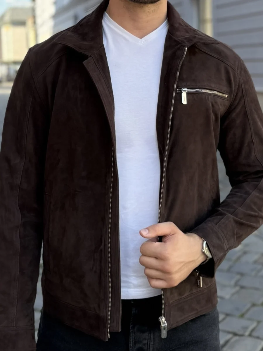 Delon 77 Brown Suede – Kožená bunda s límcem hnědý semiš - Obrázek 2