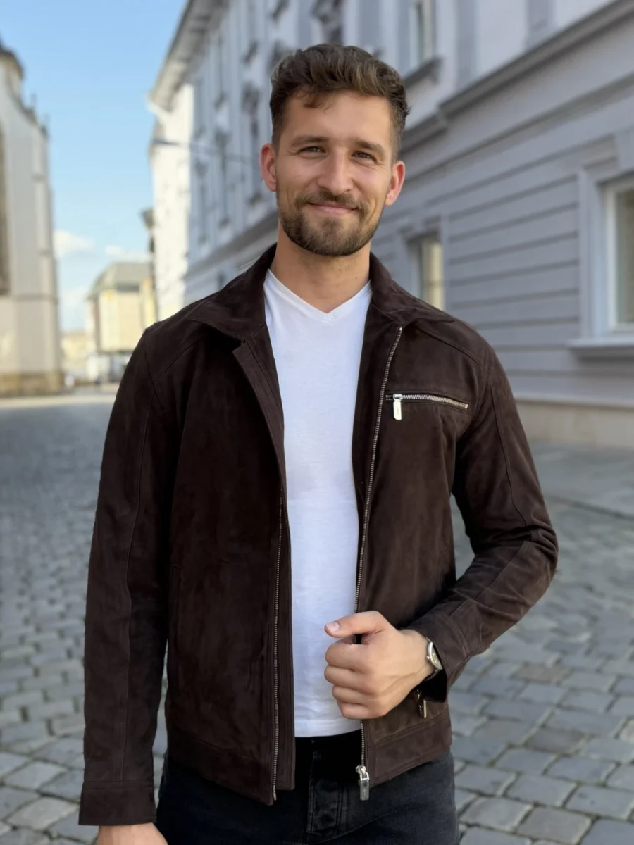 Delon 77 Brown Suede – Kožená bunda s límcem hnědý semiš